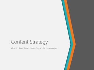 Content Strategy 
What to share, how to share, keywords, key concepts  