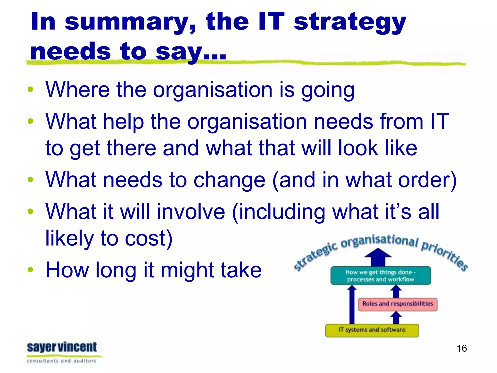 In summary, the IT strategy needs to say…Where the organisation is goingWhat help the organisation needs from IT to get there and what that will look likeWhat needs to change (and in what order)What it will involve (including what it’s all likely to cost)How long it might take16