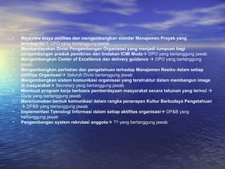 Mereview biaya aktifitas dan mengembangkan standar Manajemen Proyek yang terintegrasi   DPO yang bertanggung jawab Memberdayakan Divisi Pengembangan Organisasi yang menjadi tumpuan bagi pengembangan produk pemikiran dan tindakan ICMI Muda   DPO yang bertanggung jawab Mengembangkan Center of Excellence dan delivery guidance     DPO yang bertanggung jawab  Mengembangkan perhatian dan pengetahuan terhadap Manajemen Resiko dalam setiap aktifitas Organisasi   Seluruh Divisi bertanggung jawab Mengembangkan sistem komunikasi organisasi yang terstruktur dalam membangun image di masyarakat   Secretary yang bertanggung jawab Membuat program kerja berbasis pemberdayaan masyarakat secara tahunan yang terinci     Divisi yang bertanggung jawab Merencanakan bentuk komunikasi dalam rangka penerapan Kultur Berbudaya Pengetahuan    DP&B yang bertanggung jawab Implementasi Teknologi Informasi dalam setiap aktifitas organisasi   DP&B yang bertanggung jawab Pengembangan system rekrutasi anggota   ?? yang bertanggung jawab 