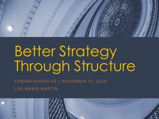 @ redsesame
#confabEDU
1
Better Strategy
Through Structure
CONFAB	HIGHER	ED	|	NOVEMBER	15,	2016
LISA	MARIA	MARTIN
 