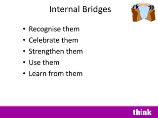 Internal Bridges <ul><li>Recognise them </li></ul><ul><li>Celebrate them </li></ul><ul><li>Strengthen them </li></ul><ul><...