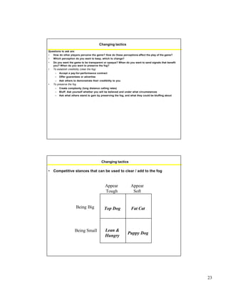 23
Changing tactics
Questions to ask are:
• How do other players perceive the game? How do these perceptions affect the play of the game?
• Which perception do you want to keep, which to change?
• Do you want the game to be transparent or opaque? When do you want to send signals that benefit
you? When do you want to preserve the fog?
• To establish credibility (clear the fog)
– Accept a pay-for-performance contract
– Offer guarantees or advertise
– Ask others to demonstrate their credibility to you
• To preserve the fog
– Create complexity (long distance calling rates)
– Bluff: Ask yourself whether you will be believed and under what circumstances
– Ask what others stand to gain by preserving the fog, and what they could be bluffing about
Changing tactics
• Competitive stances that can be used to clear / add to the fog
Top Dog Fat Cat
Puppy Dog
Lean &
Hungry
Being Big
Being Small
Appear
Tough
Appear
Soft
 
