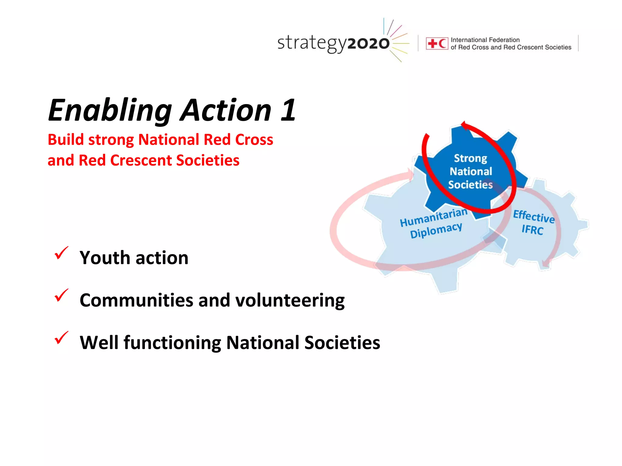 Enabling Action 1
Build strong National Red Cross
and Red Crescent Societies




 Youth action

 Communities and volunteering

 Well functioning National Societies
 