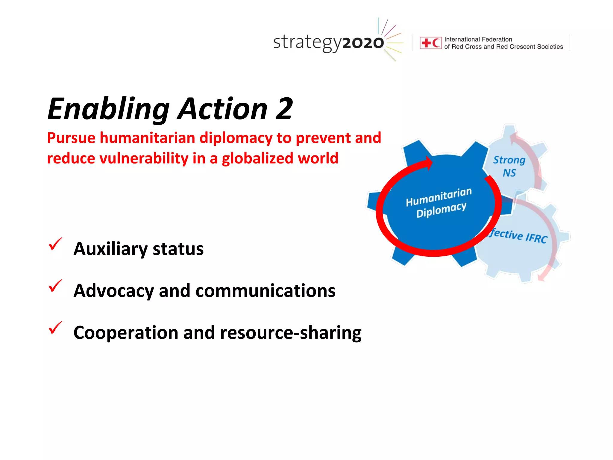 Enabling Action 2
Pursue humanitarian diplomacy to prevent and
reduce vulnerability in a globalized world




 Auxiliary status

 Advocacy and communications

 Cooperation and resource-sharing
 