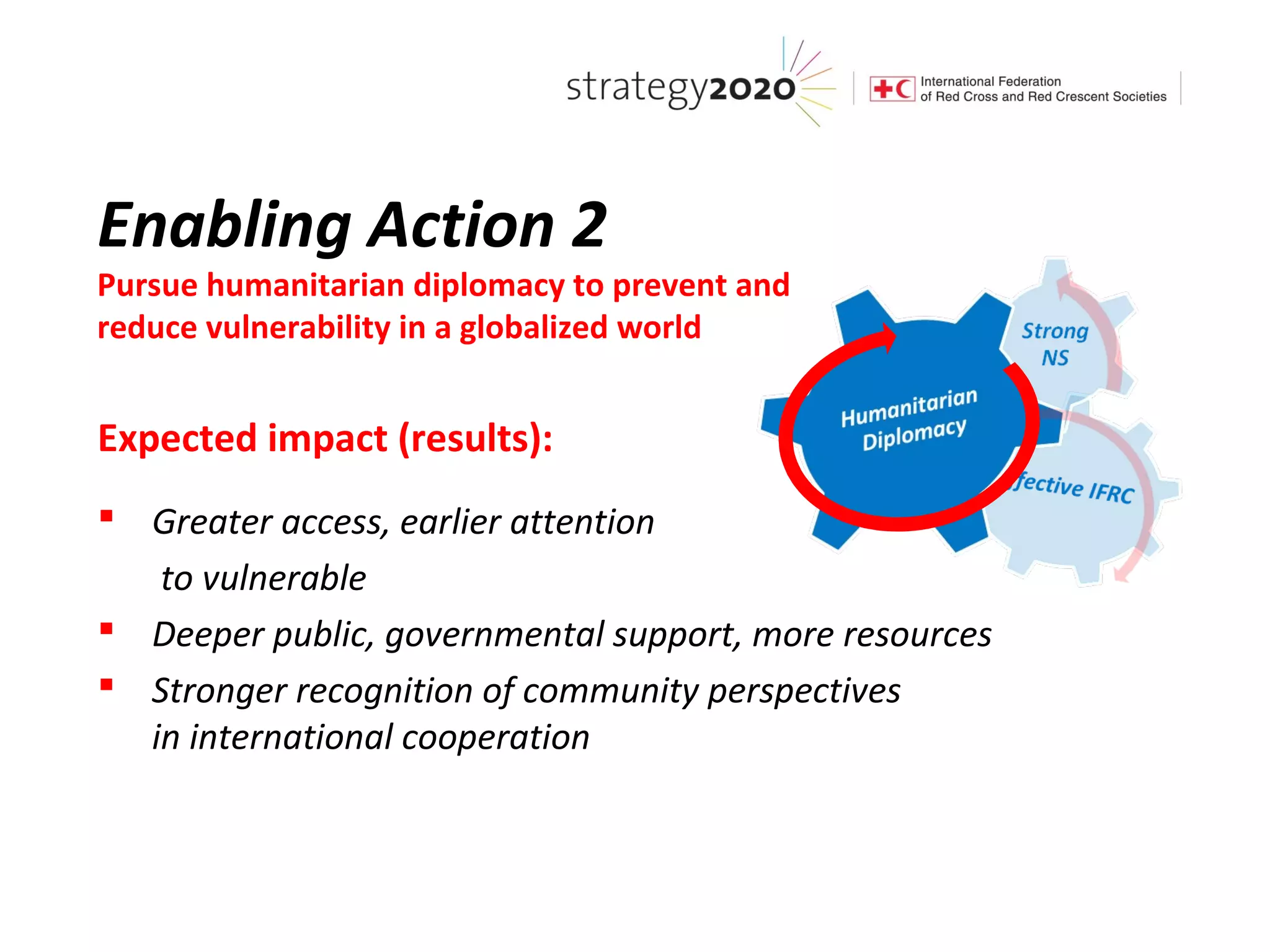Enabling Action 2
Pursue humanitarian diplomacy to prevent and
reduce vulnerability in a globalized world


Expected impact (results):
 Greater access, earlier attention
   to vulnerable
 Deeper public, governmental support, more resources
 Stronger recognition of community perspectives
  in international cooperation
 