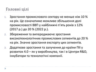 Головні цілі
1. Зростання промислового сектору не менше ніж 10 %
на рік. Це означатиме можливе збільшення долі
промисловості ВВП у найближчі п’ять років з 12%
(2017 р.) до 20 % (2022 р.).
2. Збереження та випереджаюче зростання
високотехнологічних промислових сегментів до 20 %
на рік. Значне зростання експорту цих сегментів.
3. Додаткове зростання та залучення до країни ПІІ у
розвиток 4.0 – як у виробництва, так і в Центри R&D,
інкубатори та технологічні компанії.
 