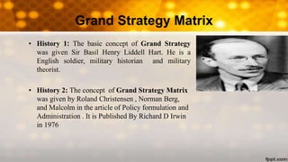 Grand Strategy Matrix
• History 1: The basic concept of Grand Strategy
was given Sir Basil Henry Liddell Hart. He is a
English soldier, military historian and military
theorist.
• History 2: The concept of Grand Strategy Matrix
was given by Roland Christensen , Norman Berg,
and Malcolm in the article of Policy formulation and
Administration . It is Published By Richard D Irwin
in 1976
 