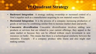 1st Quadrant Strategy
• Backward Integration A strategy seeking ownership or increased control of a
firm’s supplier such as a manufacturer acquiring its raw material source firms
• Horizontal Integration It is the process of a company increasing production of
goods or services by combining similar firm to increase market share and profit.
• Concentric diversification Concentric diversification involves adding new
products or services that are related to your current offerings. they appeal to the
same market or because they can be offered without much investment in new
resources (or both) . This means that there is a technological similarity between the
industries. Example : If a company produce table linens and also might start
making curtain.
 