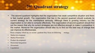 2nd Quadrant strategy
• The second quadrant highlights that the organization has weak competitive situation and there
is fast market growth. The organization that lies in the second quadrant should evaluate its
current strategy for the marketplace seriously. Although there is growing industry but the
organization is not able to compete effectively. The organization of second quadrant should find
out the reason that why its current strategies are not effective enough to make it competitive in
the market. Moreover the organization should also try to find out the best way of change that
can improve its effectiveness.
Those company which lay on second quadrant they focus on following strategy.
• Market development
• Market Penetration
• Product development
• Horizontal Integration
• Divestiture
• Liquidation
 