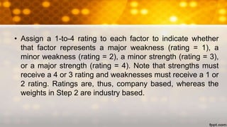 • Assign a 1-to-4 rating to each factor to indicate whether
that factor represents a major weakness (rating = 1), a
minor weakness (rating = 2), a minor strength (rating = 3),
or a major strength (rating = 4). Note that strengths must
receive a 4 or 3 rating and weaknesses must receive a 1 or
2 rating. Ratings are, thus, company based, whereas the
weights in Step 2 are industry based.
 