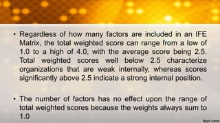 • Regardless of how many factors are included in an IFE
Matrix, the total weighted score can range from a low of
1.0 to a high of 4.0, with the average score being 2.5.
Total weighted scores well below 2.5 characterize
organizations that are weak internally, whereas scores
significantly above 2.5 indicate a strong internal position.
• The number of factors has no effect upon the range of
total weighted scores because the weights always sum to
1.0
 