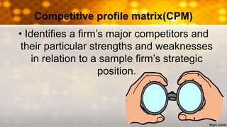 Competitive profile matrix(CPM)
• Identifies a firm’s major competitors and
their particular strengths and weaknesses
in relation to a sample firm’s strategic
position.
 