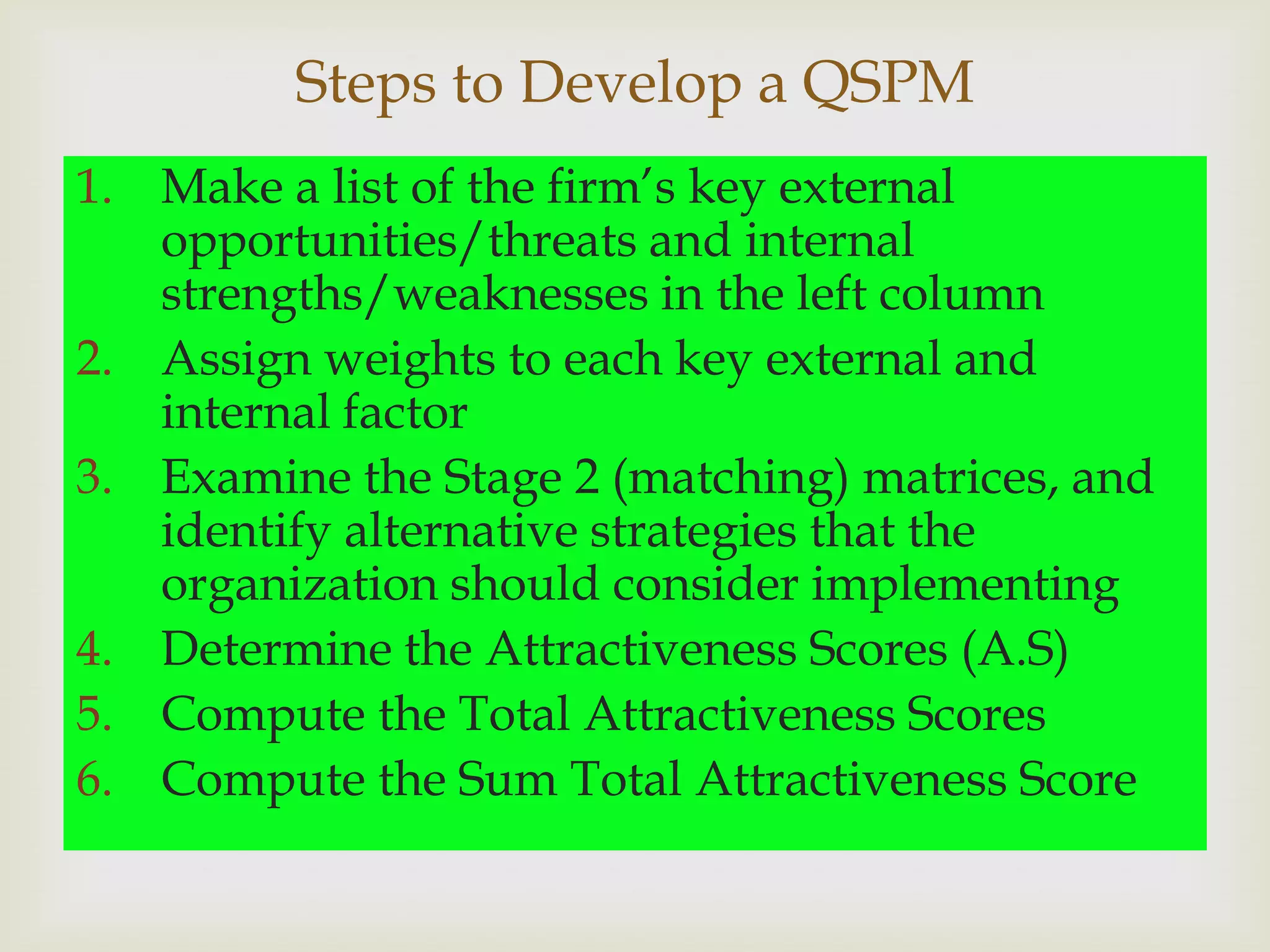 Steps to Develop a QSPM
1. Make a list of the firm’s key external
                      
   opportunities/threats and internal
   strengths/weaknesses in the left column
2. Assign weights to each key external and
   internal factor
3. Examine the Stage 2 (matching) matrices, and
   identify alternative strategies that the
   organization should consider implementing
4. Determine the Attractiveness Scores (A.S)
5. Compute the Total Attractiveness Scores
6. Compute the Sum Total Attractiveness Score
 
