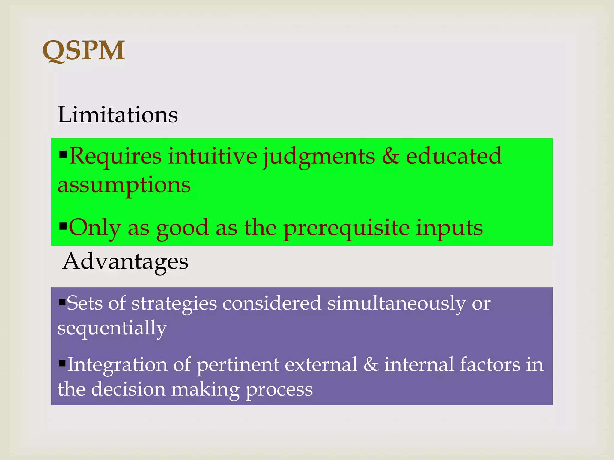 QSPM

Limitations
Requires intuitive judgments & educated
assumptions
Only as good as the prerequisite inputs
Advantages
Sets of strategies considered simultaneously or
sequentially
Integration of pertinent external & internal factors in
the decision making process
 