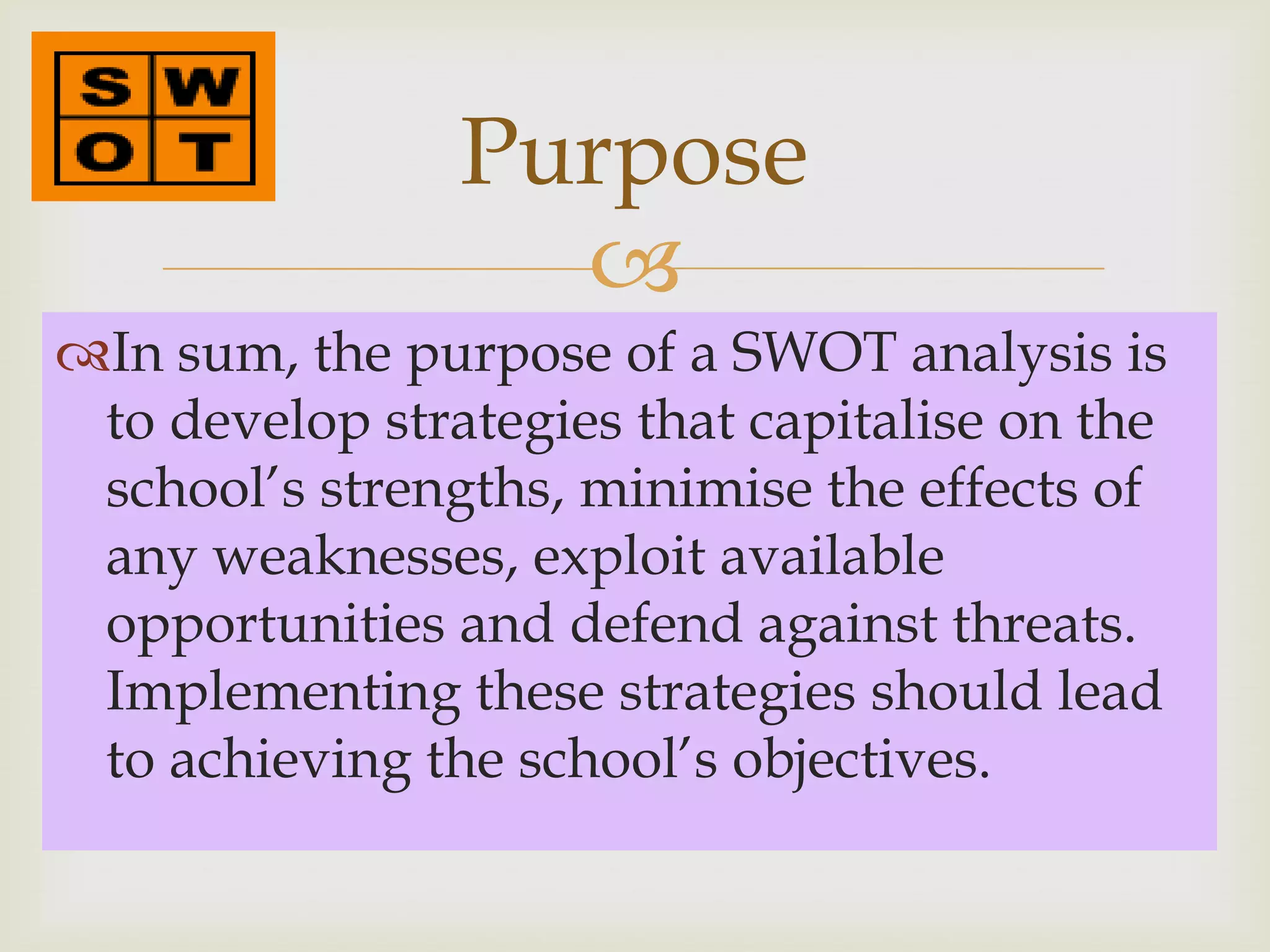 Purpose
                  
In sum, the purpose of a SWOT analysis is
 to develop strategies that capitalise on the
 school’s strengths, minimise the effects of
 any weaknesses, exploit available
 opportunities and defend against threats.
 Implementing these strategies should lead
 to achieving the school’s objectives.
 