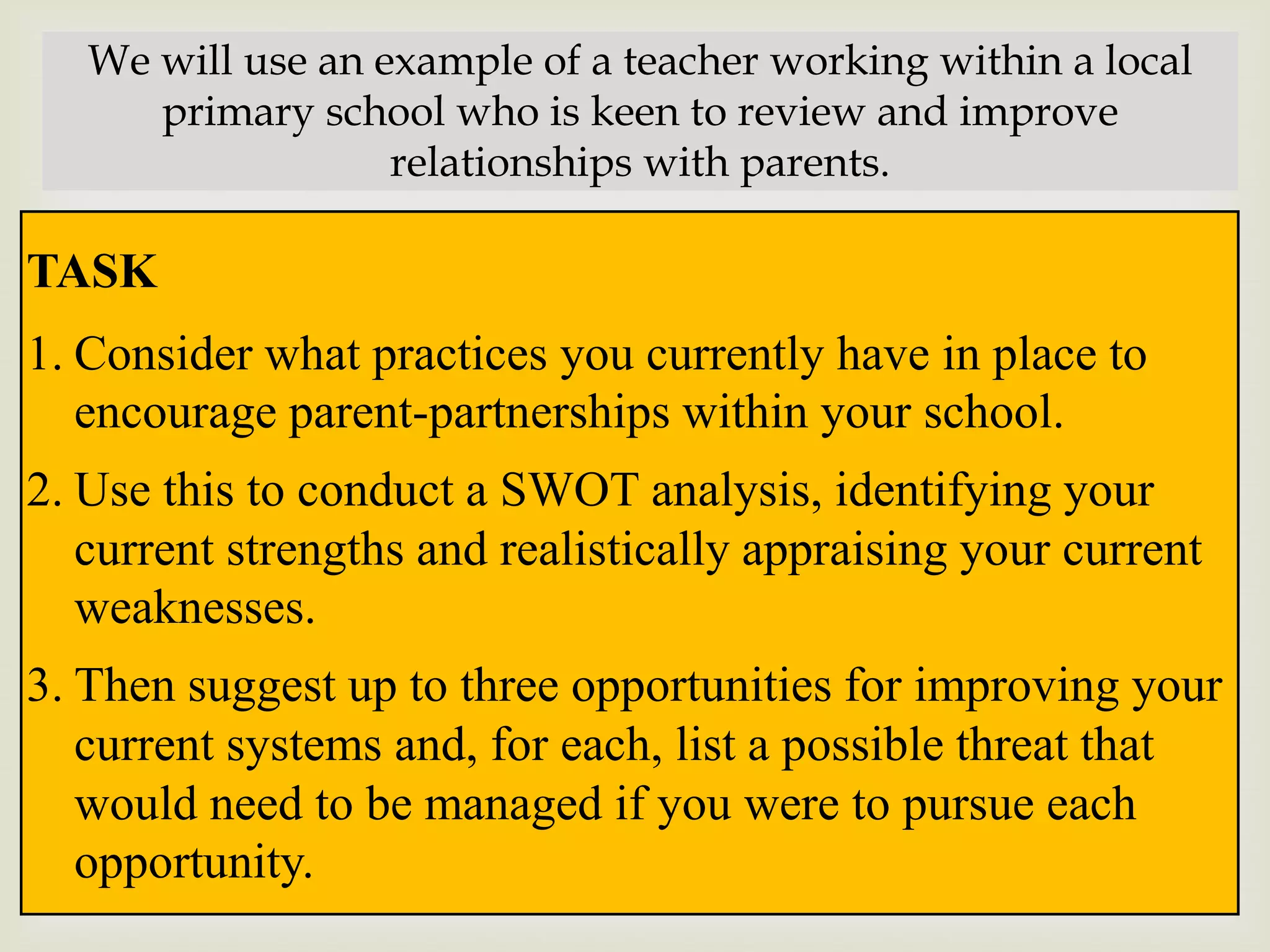We will use an example of a teacher working within a local
      primary school who is keen to review and improve
                   relationships with parents.

TASK                         
1. Consider what practices you currently have in place to
   encourage parent-partnerships within your school.
2. Use this to conduct a SWOT analysis, identifying your
   current strengths and realistically appraising your current
   weaknesses.
3. Then suggest up to three opportunities for improving your
   current systems and, for each, list a possible threat that
   would need to be managed if you were to pursue each
   opportunity.
 