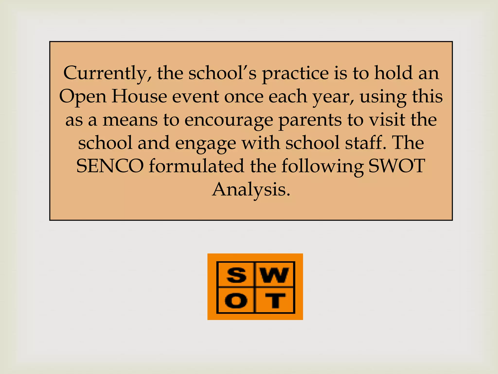 Currently, the school’s practice is to hold an
                    
Open House event once each year, using this
as a means to encourage parents to visit the
 school and engage with school staff. The
 SENCO formulated the following SWOT
                  Analysis.
 