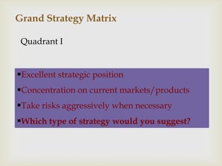 Grand Strategy Matrix

 Quadrant I


Excellent strategic position
Concentration on current markets/products
Take risks aggressively when necessary
Which type of strategy would you suggest?
 