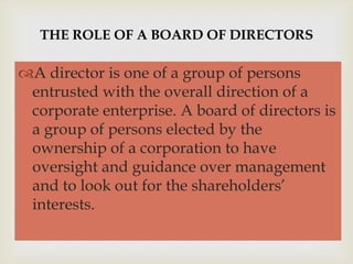 THE ROLE OF A BOARD OF DIRECTORS


                     
A director is one of a group of persons
 entrusted with the overall direction of a
 corporate enterprise. A board of directors is
 a group of persons elected by the
 ownership of a corporation to have
 oversight and guidance over management
 and to look out for the shareholders’
 interests.
 