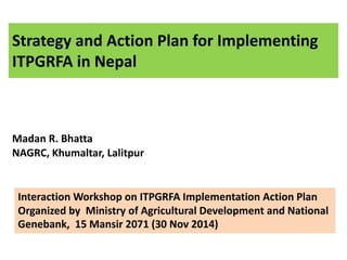 Strategy and Action Plan for Implementing 
ITPGRFA in Nepal 
Madan R. Bhatta 
NAGRC, Khumaltar, Lalitpur 
Interaction Workshop on ITPGRFA Implementation Action Plan 
Organized by Ministry of Agricultural Development and National 
Genebank, 15 Mansir 2071 (30 Nov 2014) 
 