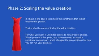 Phase 2: Scaling the value creation
In Phase 2, the goal is to remove the constraints that inhibit
exponential growth.
That is why the name is Scaling the value creation.
For what you want is unlimited access to new product photos.
When you reach that point, you have removed a capacity
constraint on your part, and it changed the preconditions for how
you can run your business
 