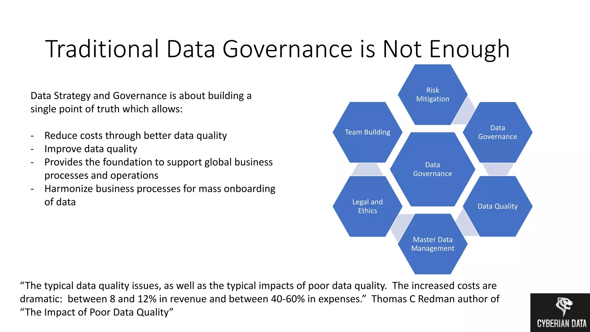 Traditional Data Governance is Not Enough
Data
Governance
Risk
Mitigation
Data
Governance
Data Quality
Master Data
Management
Legal and
Ethics
Team Building
Data Strategy and Governance is about building a
single point of truth which allows:
- Reduce costs through better data quality
- Improve data quality
- Provides the foundation to support global business
processes and operations
- Harmonize business processes for mass onboarding
of data
“The typical data quality issues, as well as the typical impacts of poor data quality. The increased costs are
dramatic: between 8 and 12% in revenue and between 40-60% in expenses.” Thomas C Redman author of
“The Impact of Poor Data Quality”
 
