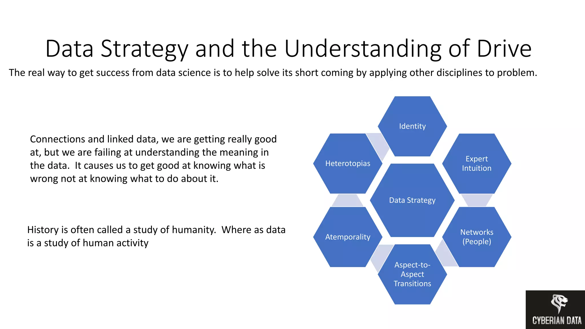 Data Strategy and the Understanding of Drive
The real way to get success from data science is to help solve its short coming by applying other disciplines to problem.
Data Strategy
Identity
Expert
Intuition
Networks
(People)
Aspect-to-
Aspect
Transitions
Atemporality
Heterotopias
Connections and linked data, we are getting really good
at, but we are failing at understanding the meaning in
the data. It causes us to get good at knowing what is
wrong not at knowing what to do about it.
History is often called a study of humanity. Where as data
is a study of human activity
 
