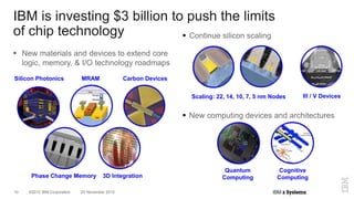 ©2015 IBM Corporation10 20 November 2015
IBM is investing $3 billion to push the limits
of chip technology
 New materials and devices to extend core
logic, memory, & I/O technology roadmaps
 Continue silicon scaling
 New computing devices and architectures
Quantum
Computing
Cognitive
Computing
Scaling: 22, 14, 10, 7, 5 nm Nodes III / V Devices
Carbon DevicesMRAMSilicon Photonics
3D IntegrationPhase Change Memory
 