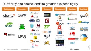 ©2015 IBM Corporation12 20 November 2015
Flexibility and choice leads to greater business agility
Distributions Hypervisors Languages Runtimes Management Database Analytics
Cloud Manager
vRealize
DB2
 