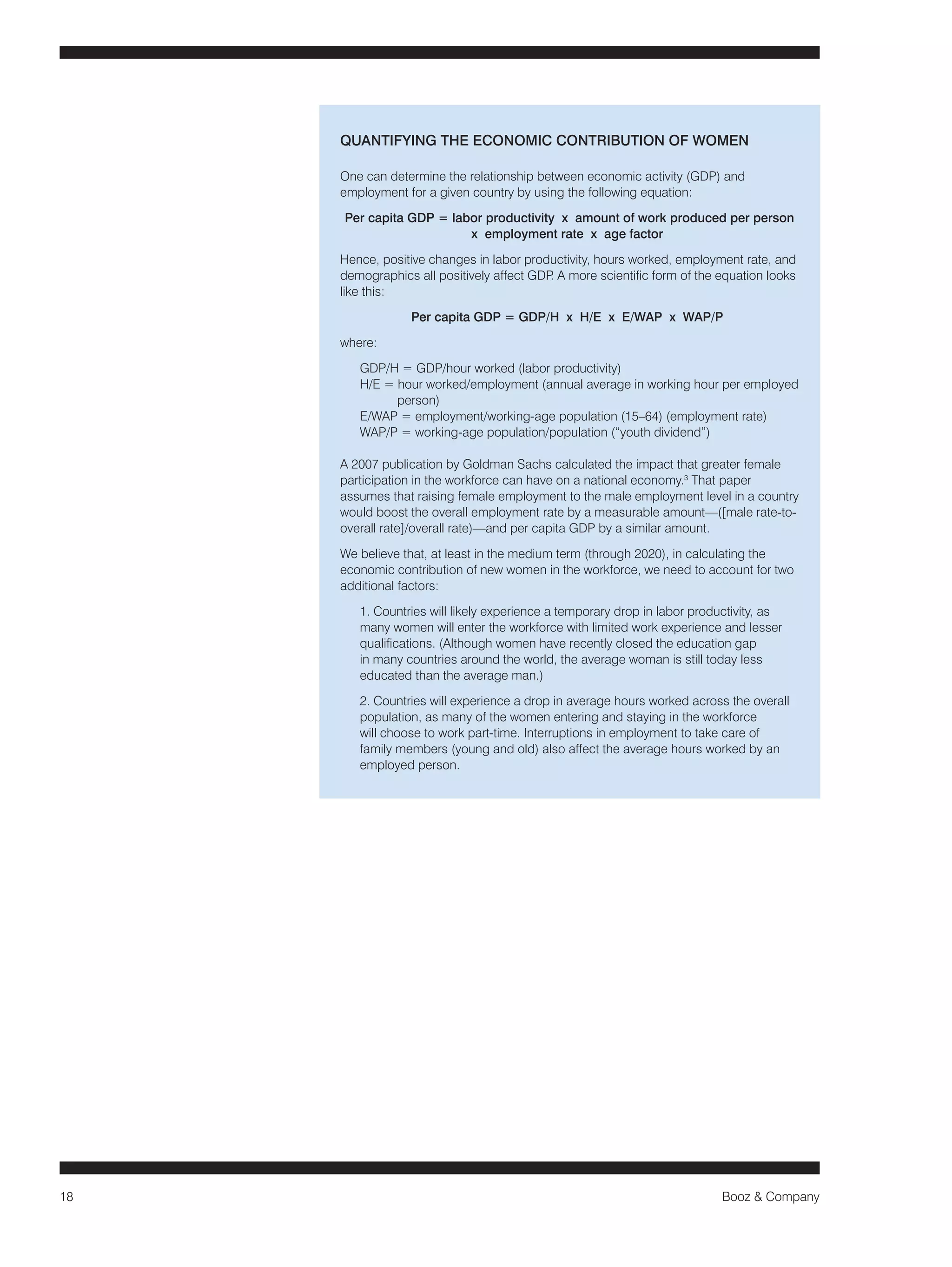 18 Booz & Company 
QUANTIFYING THE ECONOMIC CONTRIBUTION OF WOMEN 
One can determine the relationship between economic activity (GDP) and 
employment for a given country by using the following equation: 
Per capita GDP = labor productivity x amount of work produced per person 
x employment rate x age factor 
Hence, positive changes in labor productivity, hours worked, employment rate, and 
demographics all positively affect GDP. A more scientific form of the equation looks 
like this: 
Per capita GDP = GDP/H x H/E x E/WAP x WAP/P 
where: 
GDP/H = GDP/hour worked (labor productivity) 
H/E = hour worked/employment (annual average in working hour per employed 
person) 
E/WAP = employment/working-age population (15–64) (employment rate) 
WAP/P = working-age population/population (“youth dividend”) 
A 2007 publication by Goldman Sachs calculated the impact that greater female 
participation in the workforce can have on a national economy.3 That paper 
assumes that raising female employment to the male employment level in a country 
would boost the overall employment rate by a measurable amount—([male rate-to-overall 
rate]/overall rate)—and per capita GDP by a similar amount. 
We believe that, at least in the medium term (through 2020), in calculating the 
economic contribution of new women in the workforce, we need to account for two 
additional factors: 
1. Countries will likely experience a temporary drop in labor productivity, as 
many women will enter the workforce with limited work experience and lesser 
qualifications. (Although women have recently closed the education gap 
in many countries around the world, the average woman is still today less 
educated than the average man.) 
2. Countries will experience a drop in average hours worked across the overall 
population, as many of the women entering and staying in the workforce 
will choose to work part-time. Interruptions in employment to take care of 
family members (young and old) also affect the average hours worked by an 
employed person. 
 