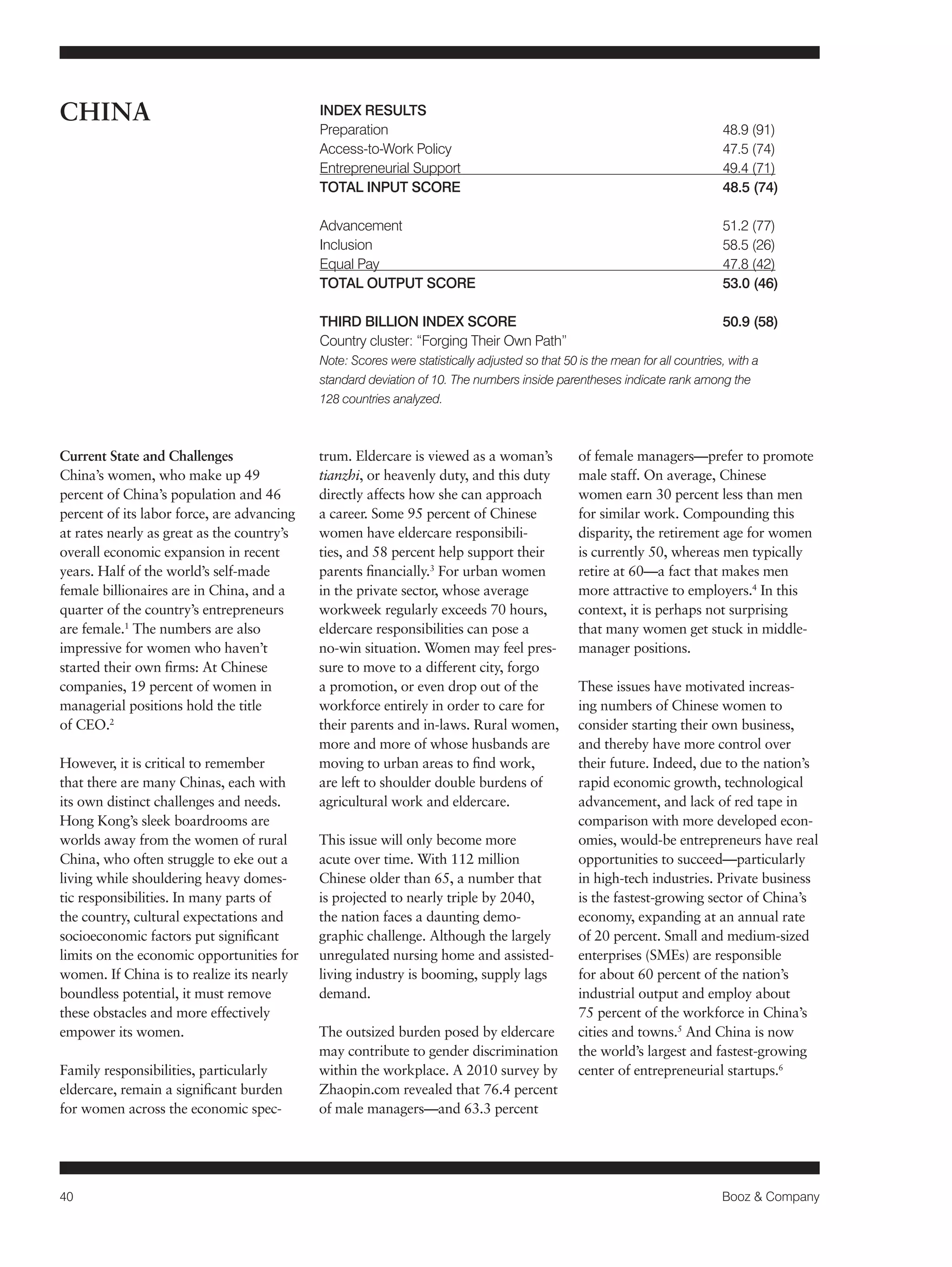 40 Booz & Company 
Current State and Challenges 
China’s women, who make up 49 
percent of China’s population and 46 
percent of its labor force, are advancing 
at rates nearly as great as the country’s 
overall economic expansion in recent 
years. Half of the world’s self-made 
female billionaires are in China, and a 
quarter of the country’s entrepreneurs 
are female.1 The numbers are also 
impressive for women who haven’t 
started their own firms: At Chinese 
companies, 19 percent of women in 
managerial positions hold the title 
of CEO.2 
However, it is critical to remember 
that there are many Chinas, each with 
its own distinct challenges and needs. 
Hong Kong’s sleek boardrooms are 
worlds away from the women of rural 
China, who often struggle to eke out a 
living while shouldering heavy domes-tic 
responsibilities. In many parts of 
the country, cultural expectations and 
socioeconomic factors put significant 
limits on the economic opportunities for 
women. If China is to realize its nearly 
boundless potential, it must remove 
these obstacles and more effectively 
empower its women. 
Family responsibilities, particularly 
eldercare, remain a significant burden 
for women across the economic spec-trum. 
Eldercare is viewed as a woman’s 
tianzhi, or heavenly duty, and this duty 
directly affects how she can approach 
a career. Some 95 percent of Chinese 
women have eldercare responsibili-ties, 
and 58 percent help support their 
parents financially.3 For urban women 
in the private sector, whose average 
workweek regularly exceeds 70 hours, 
eldercare responsibilities can pose a 
no-win situation. Women may feel pres-sure 
to move to a different city, forgo 
a promotion, or even drop out of the 
workforce entirely in order to care for 
their parents and in-laws. Rural women, 
more and more of whose husbands are 
moving to urban areas to find work, 
are left to shoulder double burdens of 
agricultural work and eldercare. 
This issue will only become more 
acute over time. With 112 million 
Chinese older than 65, a number that 
is projected to nearly triple by 2040, 
the nation faces a daunting demo-graphic 
challenge. Although the largely 
unregulated nursing home and assisted-living 
industry is booming, supply lags 
demand. 
The outsized burden posed by eldercare 
may contribute to gender discrimination 
within the workplace. A 2010 survey by 
Zhaopin.com revealed that 76.4 percent 
of male managers—and 63.3 percent 
of female managers—prefer to promote 
male staff. On average, Chinese 
women earn 30 percent less than men 
for similar work. Compounding this 
disparity, the retirement age for women 
is currently 50, whereas men typically 
retire at 60—a fact that makes men 
more attractive to employers.4 In this 
context, it is perhaps not surprising 
that many women get stuck in middle-manager 
positions. 
These issues have motivated increas-ing 
numbers of Chinese women to 
consider starting their own business, 
and thereby have more control over 
their future. Indeed, due to the nation’s 
rapid economic growth, technological 
advancement, and lack of red tape in 
comparison with more developed econ-omies, 
would-be entrepreneurs have real 
opportunities to succeed—particularly 
in high-tech industries. Private business 
is the fastest-growing sector of China’s 
economy, expanding at an annual rate 
of 20 percent. Small and medium-sized 
enterprises (SMEs) are responsible 
for about 60 percent of the nation’s 
industrial output and employ about 
75 percent of the workforce in China’s 
cities and towns.5 And China is now 
the world’s largest and fastest-growing 
center of entrepreneurial startups.6 
CHINA INDEX RESULTS 
Preparation 48.9 (91) 
Access-to-Work Policy 47.5 (74) 
Entrepreneurial Support 49.4 (71) 
TOTAL INPUT SCORE 48.5 (74) 
Advancement 51.2 (77) 
Inclusion 58.5 (26) 
Equal Pay 47.8 (42) 
TOTAL OUTPUT SCORE 53.0 (46) 
THIRD BILLION INDEX SCORE 50.9 (58) 
Country cluster: “Forging Their Own Path” 
Note: Scores were statistically adjusted so that 50 is the mean for all countries, with a 
standard deviation of 10. The numbers inside parentheses indicate rank among the 
128 countries analyzed. 
 