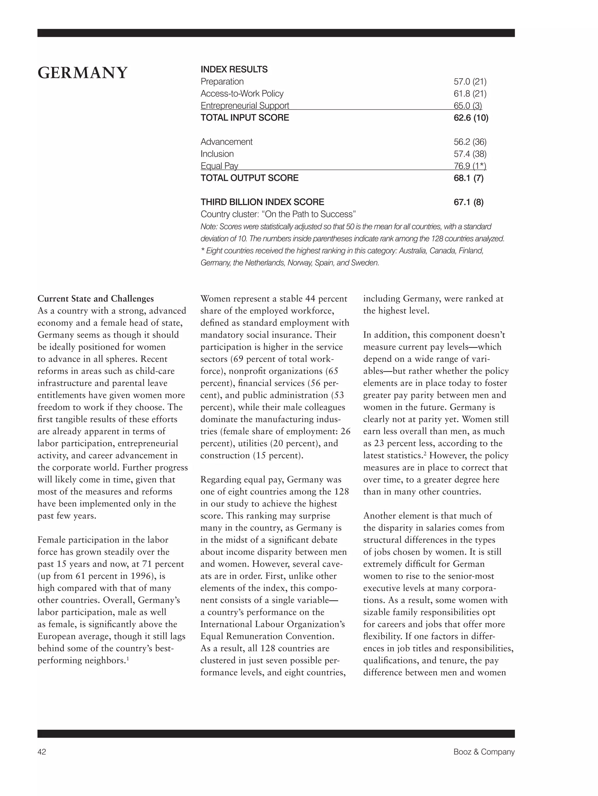 42 Booz & Company 
Current State and Challenges 
As a country with a strong, advanced 
economy and a female head of state, 
Germany seems as though it should 
be ideally positioned for women 
to advance in all spheres. Recent 
reforms in areas such as child-care 
infrastructure and parental leave 
entitlements have given women more 
freedom to work if they choose. The 
first tangible results of these efforts 
are already apparent in terms of 
labor participation, entrepreneurial 
activity, and career advancement in 
the corporate world. Further progress 
will likely come in time, given that 
most of the measures and reforms 
have been implemented only in the 
past few years. 
Female participation in the labor 
force has grown steadily over the 
past 15 years and now, at 71 percent 
(up from 61 percent in 1996), is 
high compared with that of many 
other countries. Overall, Germany’s 
labor participation, male as well 
as female, is significantly above the 
European average, though it still lags 
behind some of the country’s best-performing 
neighbors.1 
Women represent a stable 44 percent 
share of the employed workforce, 
defined as standard employment with 
mandatory social insurance. Their 
participation is higher in the service 
sectors (69 percent of total work-force), 
nonprofit organizations (65 
percent), financial services (56 per-cent), 
and public administration (53 
percent), while their male colleagues 
dominate the manufacturing indus-tries 
(female share of employment: 26 
percent), utilities (20 percent), and 
construction (15 percent). 
Regarding equal pay, Germany was 
one of eight countries among the 128 
in our study to achieve the highest 
score. This ranking may surprise 
many in the country, as Germany is 
in the midst of a significant debate 
about income disparity between men 
and women. However, several cave-ats 
are in order. First, unlike other 
elements of the index, this compo-nent 
consists of a single variable— 
a country’s performance on the 
International Labour Organization’s 
Equal Remuneration Convention. 
As a result, all 128 countries are 
clustered in just seven possible per-formance 
levels, and eight countries, 
including Germany, were ranked at 
the highest level. 
In addition, this component doesn’t 
measure current pay levels—which 
depend on a wide range of vari-ables— 
but rather whether the policy 
elements are in place today to foster 
greater pay parity between men and 
women in the future. Germany is 
clearly not at parity yet. Women still 
earn less overall than men, as much 
as 23 percent less, according to the 
latest statistics.2 However, the policy 
measures are in place to correct that 
over time, to a greater degree here 
than in many other countries. 
Another element is that much of 
the disparity in salaries comes from 
structural differences in the types 
of jobs chosen by women. It is still 
extremely difficult for German 
women to rise to the senior-most 
executive levels at many corpora-tions. 
As a result, some women with 
sizable family responsibilities opt 
for careers and jobs that offer more 
flexibility. If one factors in differ-ences 
in job titles and responsibilities, 
qualifications, and tenure, the pay 
difference between men and women 
GERMANY INDEX RESULTS 
Preparation 57.0 (21) 
Access-to-Work Policy 61.8 (21) 
Entrepreneurial Support 65.0 (3) 
TOTAL INPUT SCORE 62.6 (10) 
Advancement 56.2 (36) 
Inclusion 57.4 (38) 
Equal Pay 76.9 (1*) 
TOTAL OUTPUT SCORE 68.1 (7) 
THIRD BILLION INDEX SCORE 67.1 (8) 
Country cluster: “On the Path to Success” 
Note: Scores were statistically adjusted so that 50 is the mean for all countries, with a standard 
deviation of 10. The numbers inside parentheses indicate rank among the 128 countries analyzed. 
* Eight countries received the highest ranking in this category: Australia, Canada, Finland, 
Germany, the Netherlands, Norway, Spain, and Sweden. 
 