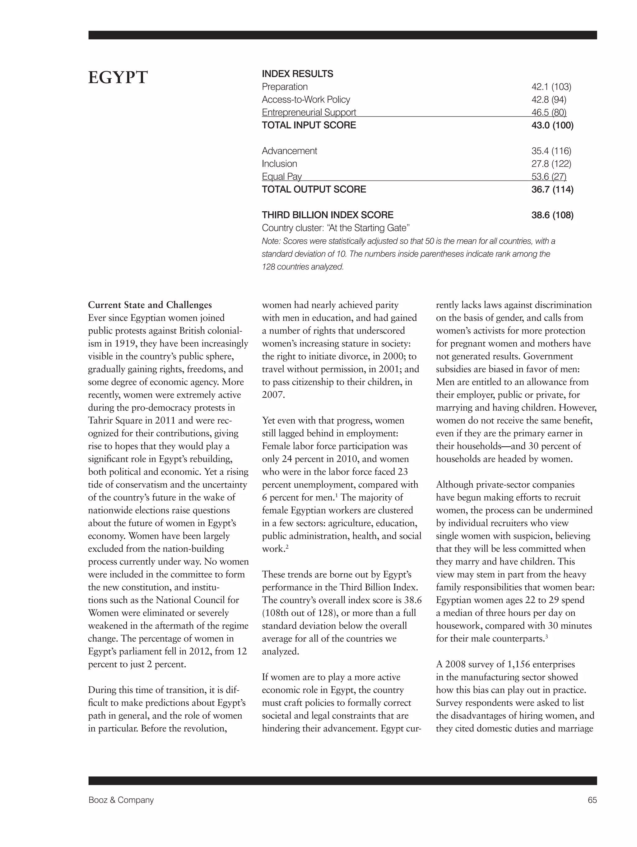 Booz & Company 65 
Current State and Challenges 
Ever since Egyptian women joined 
public protests against British colonial-ism 
in 1919, they have been increasingly 
visible in the country’s public sphere, 
gradually gaining rights, freedoms, and 
some degree of economic agency. More 
recently, women were extremely active 
during the pro-democracy protests in 
Tahrir Square in 2011 and were rec-ognized 
for their contributions, giving 
rise to hopes that they would play a 
significant role in Egypt’s rebuilding, 
both political and economic. Yet a rising 
tide of conservatism and the uncertainty 
of the country’s future in the wake of 
nationwide elections raise questions 
about the future of women in Egypt’s 
economy. Women have been largely 
excluded from the nation-building 
process currently under way. No women 
were included in the committee to form 
the new constitution, and institu-tions 
such as the National Council for 
Women were eliminated or severely 
weakened in the aftermath of the regime 
change. The percentage of women in 
Egypt’s parliament fell in 2012, from 12 
percent to just 2 percent. 
During this time of transition, it is dif-ficult 
to make predictions about Egypt’s 
path in general, and the role of women 
in particular. Before the revolution, 
women had nearly achieved parity 
with men in education, and had gained 
a number of rights that underscored 
women’s increasing stature in society: 
the right to initiate divorce, in 2000; to 
travel without permission, in 2001; and 
to pass citizenship to their children, in 
2007. 
Yet even with that progress, women 
still lagged behind in employment: 
Female labor force participation was 
only 24 percent in 2010, and women 
who were in the labor force faced 23 
percent unemployment, compared with 
6 percent for men.1 The majority of 
female Egyptian workers are clustered 
in a few sectors: agriculture, education, 
public administration, health, and social 
work.2 
These trends are borne out by Egypt’s 
performance in the Third Billion Index. 
The country’s overall index score is 38.6 
(108th out of 128), or more than a full 
standard deviation below the overall 
average for all of the countries we 
analyzed. 
If women are to play a more active 
economic role in Egypt, the country 
must craft policies to formally correct 
societal and legal constraints that are 
hindering their advancement. Egypt cur-rently 
lacks laws against discrimination 
on the basis of gender, and calls from 
women’s activists for more protection 
for pregnant women and mothers have 
not generated results. Government 
subsidies are biased in favor of men: 
Men are entitled to an allowance from 
their employer, public or private, for 
marrying and having children. However, 
women do not receive the same benefit, 
even if they are the primary earner in 
their households—and 30 percent of 
households are headed by women. 
Although private-sector companies 
have begun making efforts to recruit 
women, the process can be undermined 
by individual recruiters who view 
single women with suspicion, believing 
that they will be less committed when 
they marry and have children. This 
view may stem in part from the heavy 
family responsibilities that women bear: 
Egyptian women ages 22 to 29 spend 
a median of three hours per day on 
housework, compared with 30 minutes 
for their male counterparts.3 
A 2008 survey of 1,156 enterprises 
in the manufacturing sector showed 
how this bias can play out in practice. 
Survey respondents were asked to list 
the disadvantages of hiring women, and 
they cited domestic duties and marriage 
EGYPT INDEX RESULTS 
Preparation 42.1 (103) 
Access-to-Work Policy 42.8 (94) 
Entrepreneurial Support 46.5 (80) 
TOTAL INPUT SCORE 43.0 (100) 
Advancement 35.4 (116) 
Inclusion 27.8 (122) 
Equal Pay 53.6 (27) 
TOTAL OUTPUT SCORE 36.7 (114) 
THIRD BILLION INDEX SCORE 38.6 (108) 
Country cluster: “At the Starting Gate” 
Note: Scores were statistically adjusted so that 50 is the mean for all countries, with a 
standard deviation of 10. The numbers inside parentheses indicate rank among the 
128 countries analyzed. 
 