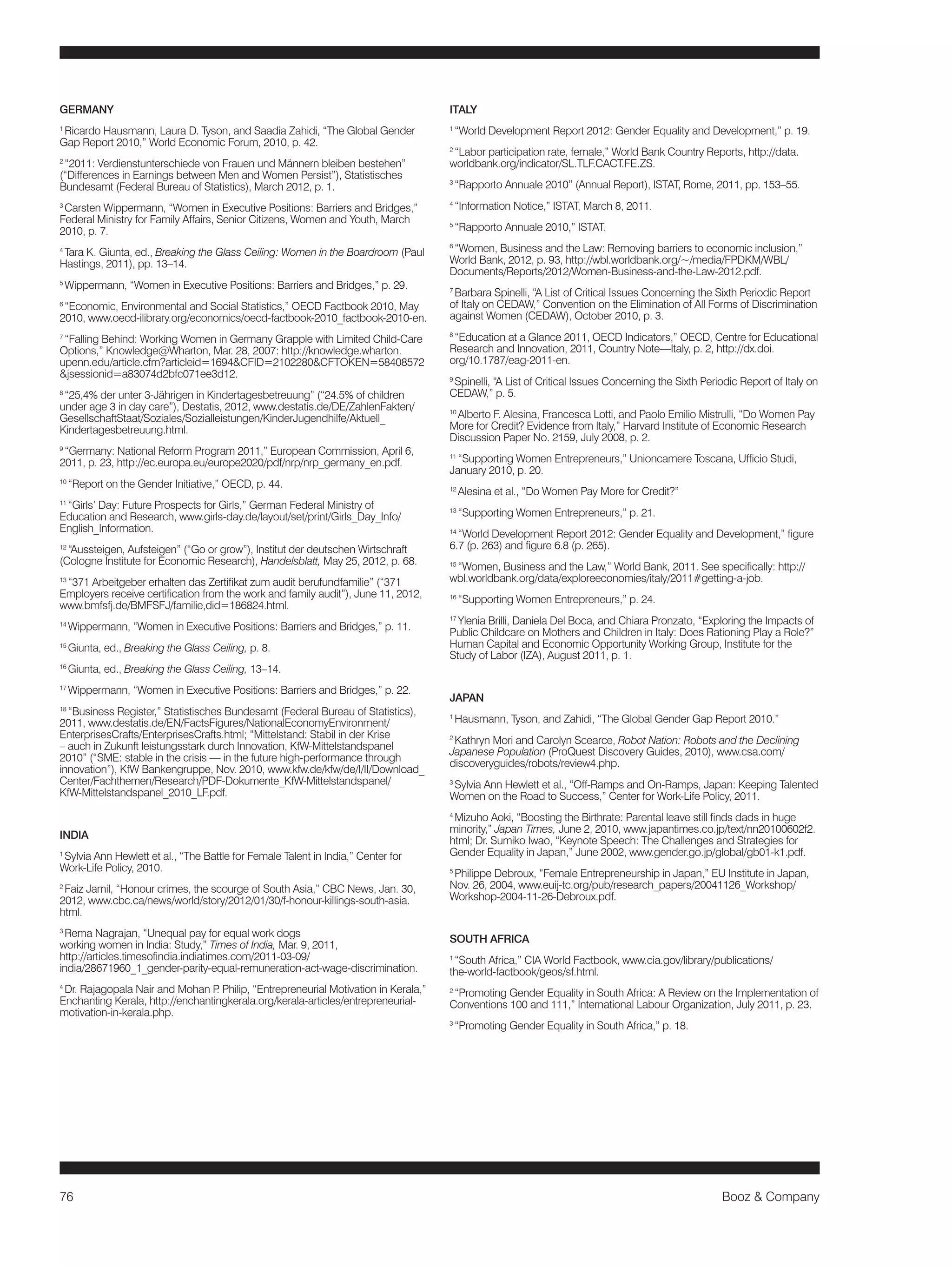 76 Booz & Company 
GERMANY 
1 Ricardo Hausmann, Laura D. Tyson, and Saadia Zahidi, “The Global Gender 
Gap Report 2010,” World Economic Forum, 2010, p. 42. 
2 “2011: Verdienstunterschiede von Frauen und Männern bleiben bestehen” 
(“Differences in Earnings between Men and Women Persist”), Statistisches 
Bundesamt (Federal Bureau of Statistics), March 2012, p. 1. 
3 Carsten Wippermann, “Women in Executive Positions: Barriers and Bridges,” 
Federal Ministry for Family Affairs, Senior Citizens, Women and Youth, March 
2010, p. 7. 
4 Tara K. Giunta, ed., Breaking the Glass Ceiling: Women in the Boardroom (Paul 
Hastings, 2011), pp. 13–14. 
5 Wippermann, “Women in Executive Positions: Barriers and Bridges,” p. 29. 
6 “Economic, Environmental and Social Statistics,” OECD Factbook 2010, May 
2010, www.oecd-ilibrary.org/economics/oecd-factbook-2010_factbook-2010-en. 
7 “Falling Behind: Working Women in Germany Grapple with Limited Child-Care 
Options,” Knowledge@Wharton, Mar. 28, 2007: http://knowledge.wharton. 
upenn.edu/article.cfm?articleid=1694&CFID=2102280&CFTOKEN=58408572 
&jsessionid=a83074d2bfc071ee3d12. 
8 “25,4% der unter 3-Jährigen in Kindertagesbetreuung” (“24.5% of children 
under age 3 in day care”), Destatis, 2012, www.destatis.de/DE/ZahlenFakten/ 
GesellschaftStaat/Soziales/Sozialleistungen/KinderJugendhilfe/Aktuell_ 
Kindertagesbetreuung.html. 
9 “Germany: National Reform Program 2011,” European Commission, April 6, 
2011, p. 23, http://ec.europa.eu/europe2020/pdf/nrp/nrp_germany_en.pdf. 
10 “Report on the Gender Initiative,” OECD, p. 44. 
11 “Girls’ Day: Future Prospects for Girls,” German Federal Ministry of 
Education and Research, www.girls-day.de/layout/set/print/Girls_Day_Info/ 
English_Information. 
12 “Aussteigen, Aufsteigen” (“Go or grow”), Institut der deutschen Wirtschraft 
(Cologne Institute for Economic Research), Handelsblatt, May 25, 2012, p. 68. 
13 “371 Arbeitgeber erhalten das Zertifikat zum audit berufundfamilie” (“371 
Employers receive certification from the work and family audit”), June 11, 2012, 
www.bmfsfj.de/BMFSFJ/familie,did=186824.html. 
14 Wippermann, “Women in Executive Positions: Barriers and Bridges,” p. 11. 
15 Giunta, ed., Breaking the Glass Ceiling, p. 8. 
16 Giunta, ed., Breaking the Glass Ceiling, 13–14. 
17 Wippermann, “Women in Executive Positions: Barriers and Bridges,” p. 22. 
18 “Business Register,” Statistisches Bundesamt (Federal Bureau of Statistics), 
2011, www.destatis.de/EN/FactsFigures/NationalEconomyEnvironment/ 
EnterprisesCrafts/EnterprisesCrafts.html; “Mittelstand: Stabil in der Krise 
– auch in Zukunft leistungsstark durch Innovation, KfW-Mittelstandspanel 
2010” (“SME: stable in the crisis — in the future high-performance through 
innovation”), KfW Bankengruppe, Nov. 2010, www.kfw.de/kfw/de/I/II/Download_ 
Center/Fachthemen/Research/PDF-Dokumente_KfW-Mittelstandspanel/ 
KfW-Mittelstandspanel_2010_LF.pdf. 
INDIA 
1 Sylvia Ann Hewlett et al., “The Battle for Female Talent in India,” Center for 
Work-Life Policy, 2010. 
2 Faiz Jamil, “Honour crimes, the scourge of South Asia,” CBC News, Jan. 30, 
2012, www.cbc.ca/news/world/story/2012/01/30/f-honour-killings-south-asia. 
html. 
3 Rema Nagrajan, “Unequal pay for equal work dogs 
working women in India: Study,” Times of India, Mar. 9, 2011, 
http://articles.timesofindia.indiatimes.com/2011-03-09/ 
india/28671960_1_gender-parity-equal-remuneration-act-wage-discrimination. 
4 Dr. Rajagopala Nair and Mohan P. Philip, “Entrepreneurial Motivation in Kerala,” 
Enchanting Kerala, http://enchantingkerala.org/kerala-articles/entrepreneurial-motivation- 
in-kerala.php. 
ITALY 
1 “World Development Report 2012: Gender Equality and Development,” p. 19. 
2 “Labor participation rate, female,” World Bank Country Reports, http://data. 
worldbank.org/indicator/SL.TLF.CACT.FE.ZS. 
3 “Rapporto Annuale 2010” (Annual Report), ISTAT, Rome, 2011, pp. 153–55. 
4 “Information Notice,” ISTAT, March 8, 2011. 
5 “Rapporto Annuale 2010,” ISTAT. 
6 “Women, Business and the Law: Removing barriers to economic inclusion,” 
World Bank, 2012, p. 93, http://wbl.worldbank.org/~/media/FPDKM/WBL/ 
Documents/Reports/2012/Women-Business-and-the-Law-2012.pdf. 
7 Barbara Spinelli, “A List of Critical Issues Concerning the Sixth Periodic Report 
of Italy on CEDAW,” Convention on the Elimination of All Forms of Discrimination 
against Women (CEDAW), October 2010, p. 3. 
8 “Education at a Glance 2011, OECD Indicators,” OECD, Centre for Educational 
Research and Innovation, 2011, Country Note—Italy, p. 2, http://dx.doi. 
org/10.1787/eag-2011-en. 
9 Spinelli, “A List of Critical Issues Concerning the Sixth Periodic Report of Italy on 
CEDAW,” p. 5. 
10 Alberto F. Alesina, Francesca Lotti, and Paolo Emilio Mistrulli, “Do Women Pay 
More for Credit? Evidence from Italy,” Harvard Institute of Economic Research 
Discussion Paper No. 2159, July 2008, p. 2. 
11 “Supporting Women Entrepreneurs,” Unioncamere Toscana, Ufficio Studi, 
January 2010, p. 20. 
12 Alesina et al., “Do Women Pay More for Credit?” 
13 “Supporting Women Entrepreneurs,” p. 21. 
14 “World Development Report 2012: Gender Equality and Development,” figure 
6.7 (p. 263) and figure 6.8 (p. 265). 
15 “Women, Business and the Law,” World Bank, 2011. See specifically: http:// 
wbl.worldbank.org/data/exploreeconomies/italy/2011#getting-a-job. 
16 “Supporting Women Entrepreneurs,” p. 24. 
17 Ylenia Brilli, Daniela Del Boca, and Chiara Pronzato, “Exploring the Impacts of 
Public Childcare on Mothers and Children in Italy: Does Rationing Play a Role?” 
Human Capital and Economic Opportunity Working Group, Institute for the 
Study of Labor (IZA), August 2011, p. 1. 
JAPAN 
1 Hausmann, Tyson, and Zahidi, “The Global Gender Gap Report 2010.” 
2 Kathryn Mori and Carolyn Scearce, Robot Nation: Robots and the Declining 
Japanese Population (ProQuest Discovery Guides, 2010), www.csa.com/ 
discoveryguides/robots/review4.php. 
3 Sylvia Ann Hewlett et al., “Off-Ramps and On-Ramps, Japan: Keeping Talented 
Women on the Road to Success,” Center for Work-Life Policy, 2011. 
4 Mizuho Aoki, “Boosting the Birthrate: Parental leave still finds dads in huge 
minority,” Japan Times, June 2, 2010, www.japantimes.co.jp/text/nn20100602f2. 
html; Dr. Sumiko Iwao, “Keynote Speech: The Challenges and Strategies for 
Gender Equality in Japan,” June 2002, www.gender.go.jp/global/gb01-k1.pdf. 
5 Philippe Debroux, “Female Entrepreneurship in Japan,” EU Institute in Japan, 
Nov. 26, 2004, www.euij-tc.org/pub/research_papers/20041126_Workshop/ 
Workshop-2004-11-26-Debroux.pdf. 
SOUTH AFRICA 
1 “South Africa,” CIA World Factbook, www.cia.gov/library/publications/ 
the-world-factbook/geos/sf.html. 
2 “Promoting Gender Equality in South Africa: A Review on the Implementation of 
Conventions 100 and 111,” International Labour Organization, July 2011, p. 23. 
3 “Promoting Gender Equality in South Africa,” p. 18. 
 