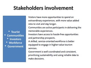 Stakeholders involvement
 Tourist
 Communities
 Investors
 Workforce
 Government
 