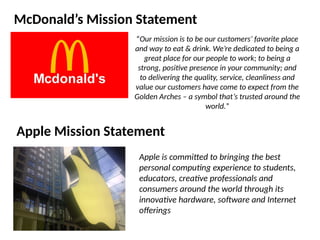 McDonald’s Mission Statement
“Our mission is to be our customers’ favorite place
and way to eat & drink. We’re dedicated to being a
great place for our people to work; to being a
strong, positive presence in your community; and
to delivering the quality, service, cleanliness and
value our customers have come to expect from the
Golden Arches – a symbol that’s trusted around the
world.”
Apple is committed to bringing the best
personal computing experience to students,
educators, creative professionals and
consumers around the world through its
innovative hardware, software and Internet
offerings."
Apple Mission Statement
 