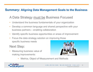 Copyright 2014 by Data Blueprint
25
Summary: Aligning Data Management Goals to the Business
A Data Strategy must be Business Focused
•  Understand the business fundamentals of your organization
•  Develop a common language and shared perspective with your
business partners – enabling collaboration
•  Identify specific business opportunities or areas of improvement
•  Focus the data strategy solution on improving those
specific business needs
Next Step:
•  Measuring business value of
making improvements:
•  Metrics, Object of Measurement and Methods
 