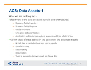 Copyright 2014 by Data Blueprint
51
ACS: Data Assets-1
What we are looking for…
• Broad view of the data assets (Structure and unstructured)
–  Business Entity Inventory
–  Business Entity Diagram
–  Data Ecosystem
–  Enterprise data architecture
–  Application architecture describing systems and their relationships
• Narrow view of data assets in the context of the business needs
–  Not all data impacts the business needs equally
–  Data Dictionary
–  Data Profiling
–  Data models
–  Tools to automate discovery such as Global ID’s
 