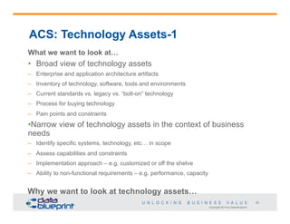 Copyright 2014 by Data Blueprint
55
ACS: Technology Assets-1
What we want to look at…
•  Broad view of technology assets
–  Enterprise and application architecture artifacts
–  Inventory of technology, software, tools and environments
–  Current standards vs. legacy vs. “bolt-on” technology
–  Process for buying technology
–  Pain points and constraints
• Narrow view of technology assets in the context of business
needs
–  Identify specific systems, technology, etc… in scope
–  Assess capabilities and constraints
–  Implementation approach – e.g. customized or off the shelve
–  Ability to non-functional requirements – e.g. performance, capacity
Why we want to look at technology assets…
•  ….
 
