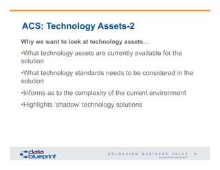 Copyright 2014 by Data Blueprint
56
ACS: Technology Assets-2
Why we want to look at technology assets…
• What technology assets are currently available for the
solution
• What technology standards needs to be considered in the
solution
• Informs as to the complexity of the current environment
• Highlights ‘shadow’ technology solutions
 