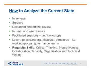 Copyright 2014 by Data Blueprint
57
How to Analyze the Current State
•  Interviews
•  Surveys
•  Document and artifact review
•  Intranet and wiki reviews
•  Facilitated sessions – i.e. Workshops
•  Leverage existing organizational structures – i.e.
working groups, governance teams
•  Requisite Skills: Critical Thinking, Inquisitiveness,
Collaboration, Tenacity, Organization and Technical
Writing
 