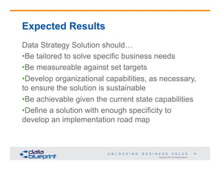 Copyright 2014 by Data Blueprint
60
Expected Results
Data Strategy Solution should…
• Be tailored to solve specific business needs
• Be measureable against set targets
• Develop organizational capabilities, as necessary,
to ensure the solution is sustainable
• Be achievable given the current state capabilities
• Define a solution with enough specificity to
develop an implementation road map
 