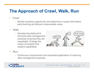 Copyright 2014 by Data Blueprint
65
The Approach of Crawl, Walk, Run
•  Crawl:
–  Identify business opportunity and determine a scope that fosters
early learning yet delivers measureable value
•  Walk:
–  Develop foundational &
technical data management
practices ensuring they are
repeatable. Enlarge the
scope of projects that
expand capabilities
•  Run:
–  Continuous improvement and expanded application of maturing
data management practices
 
