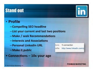 LinkedIn – Assignment
•! Draft a complete profile
–!"b)1"-,//FO"Z@p"OF/L)""
•! Use Status updates
•! Applications
–!@737"Z...