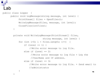 Lab public class Logger  {  public void LogMessage(string message, int level) { PrintSteam[] files = OpenFiles(); WriteLogMessage(files, message, int level); CloseFiles(intfiles); }  private void WriteLogMessage(PrintStream[] files,  string message, int level) { for (int i=0; i < files.Length; i++)  { if (level == 1) { //Write error message to log file.   else if (level == 2)   //Write error message to log file + Log the    //UserName and IP address. else if (level == 3)  //Write error message to log file. + Send email to    //administrator  } } 