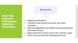 How the
Internet
Influences
Industry
Structure
34
Barriers to Entry
• Negative implications:
× A flood of new entrants has come into many
industries
× Internet applications are difficult to keep proprietary
from new entrants
× Reduce barriers to entry such as the need for a sales
force, access to channels, and physical assets
 