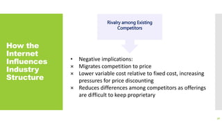 How the
Internet
Influences
Industry
Structure
36
Rivalry among Existing
Competitors
• Negative implications:
× Migrates competition to price
× Lower variable cost relative to fixed cost, increasing
pressures for price discounting
× Reduces differences among competitors as offerings
are difficult to keep proprietary
 