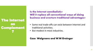 The Internet
as
Complement
?
48
Is the Internet cannibalistic?
Will it replace all conventional ways of doing
business and overturn traditional advantages?
• Some real trade-offs can exist between Internet and
traditional activities.
• But modest in most industries.
Case: Walgreens and W.W.Grainger
 