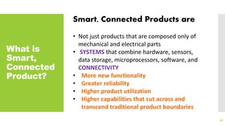 What is
Smart,
Connected
Product?
58
Smart, Connected Products are
• Not just products that are composed only of
mechanical and electrical parts
• SYSTEMS that combine hardware, sensors,
data storage, microprocessors, software, and
CONNECTIVITY
• More new functionality
• Greater reliability
• Higher product utilization
• Higher capabilities that cut across and
transcend traditional product boundaries
 