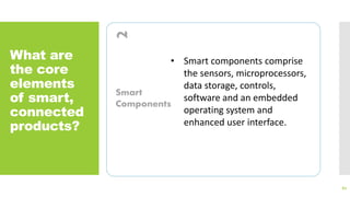 What are
the core
elements
of smart,
connected
products?
62
2
Smart
Components
• Smart components comprise
the sensors, microprocessors,
data storage, controls,
software and an embedded
operating system and
enhanced user interface.
 